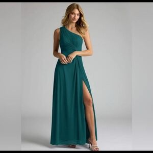 Azazie Brooke Peacock A-Line One Shoulder Mesh Bridesmaid Dress 
-Size A0